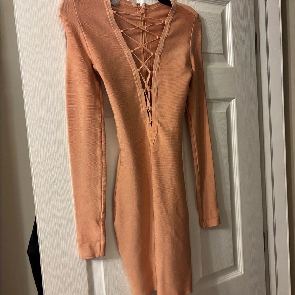 House of CB Long Sleeve Lace-Up Dress in Tan